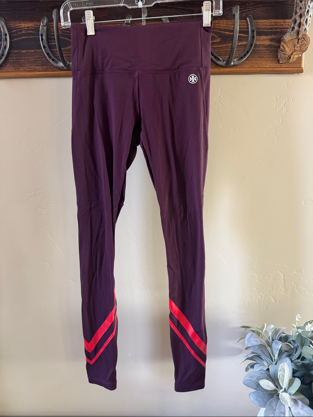 Tory Burch Plum Leggings with Red Chevron Accent